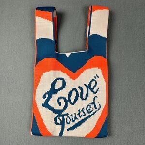 Love Yourself Knit Mini Bag Heart Print Blue/Orange